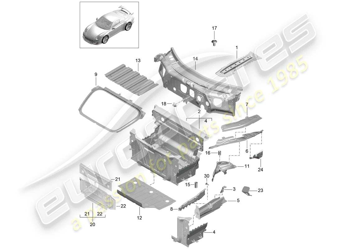 porsche 2016 (991-1 r/gt3/rs) fine frontale diagramma delle parti