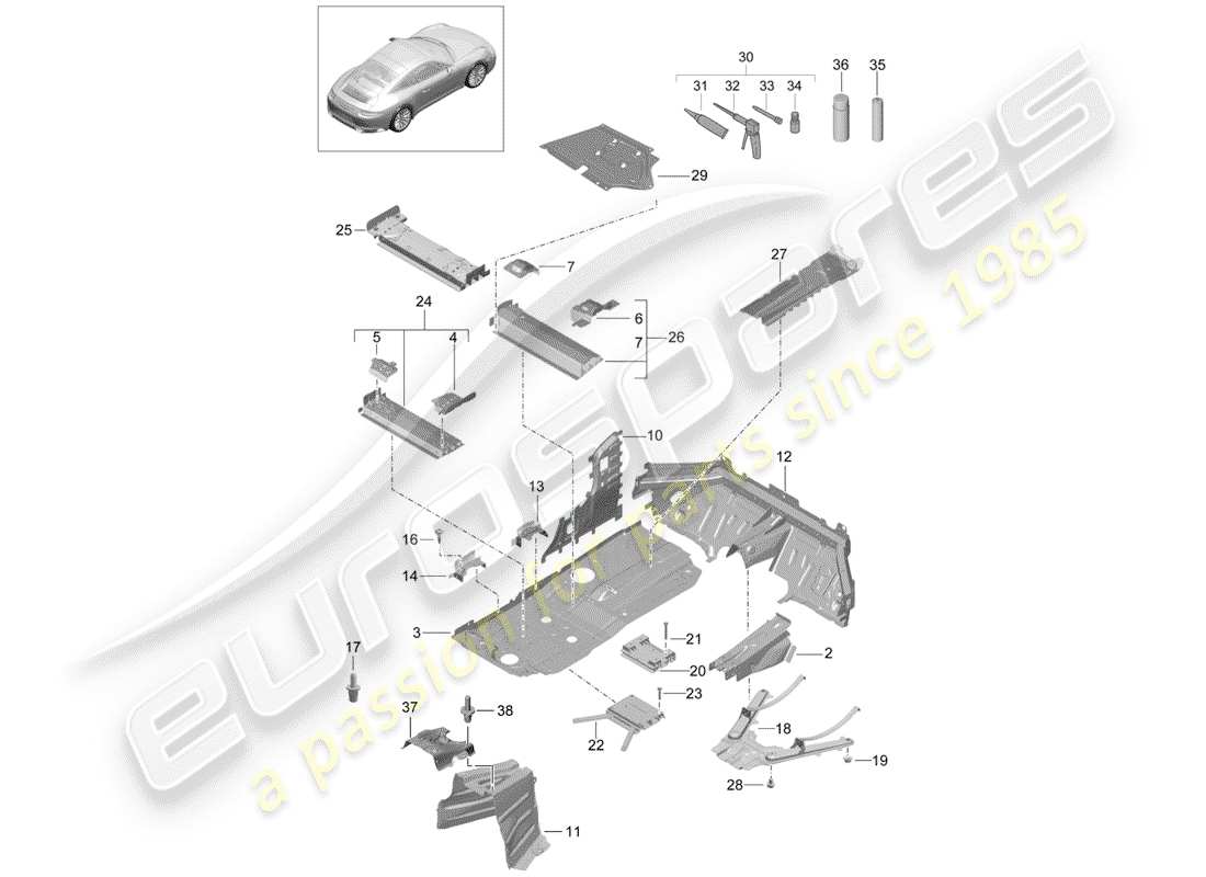 porsche 991 gen. 2 (2020) piastre di pavimento schema delle parti