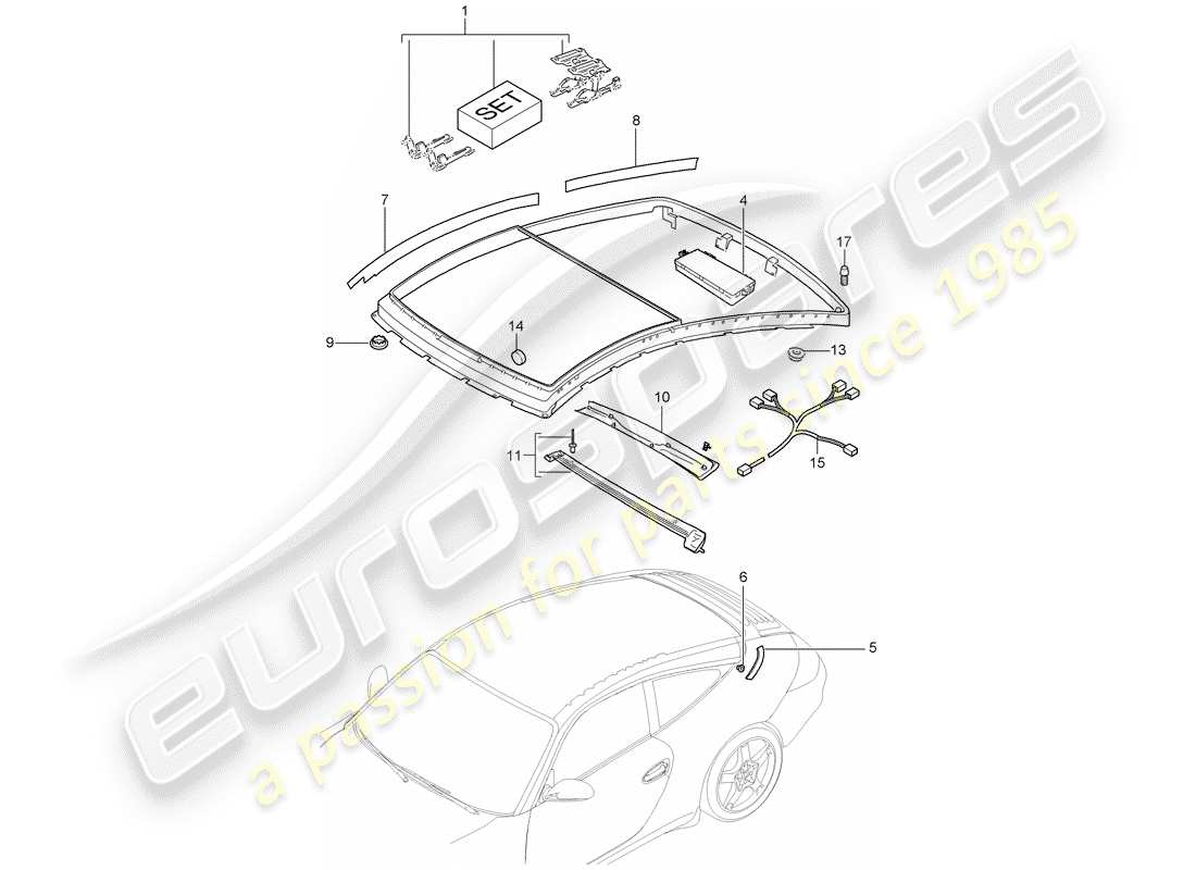 porsche 2005 (997-1) tetto di vetro diagramma delle parti