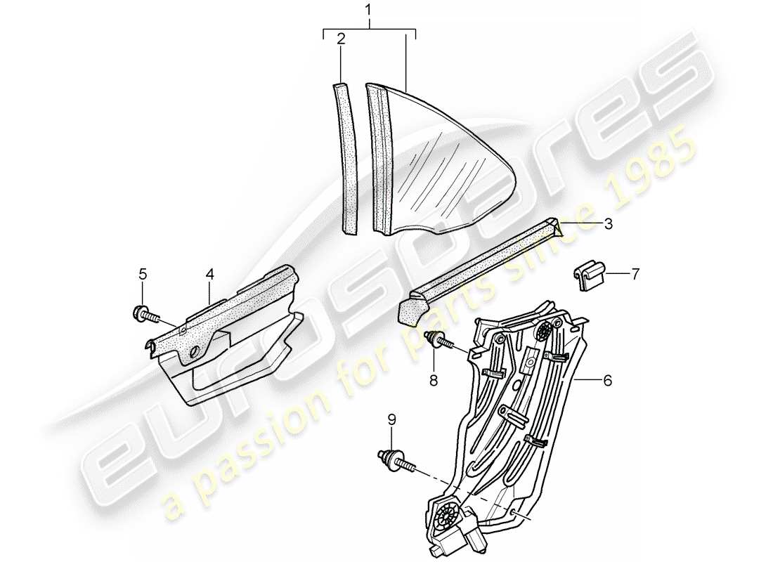 porsche 2007 (997-1) schema delle parti del finestrino laterale