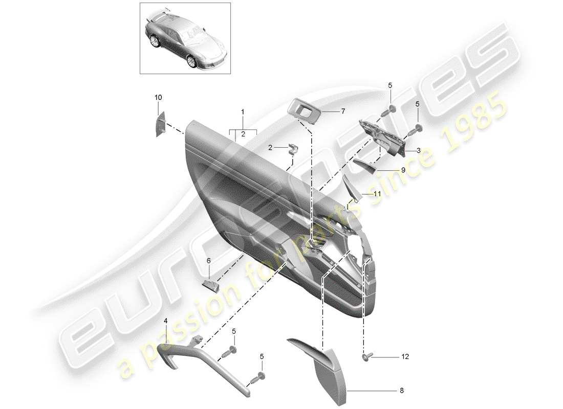 porsche 2019 (991-2 r/gt3/rs) schema delle parti del pannello della porta