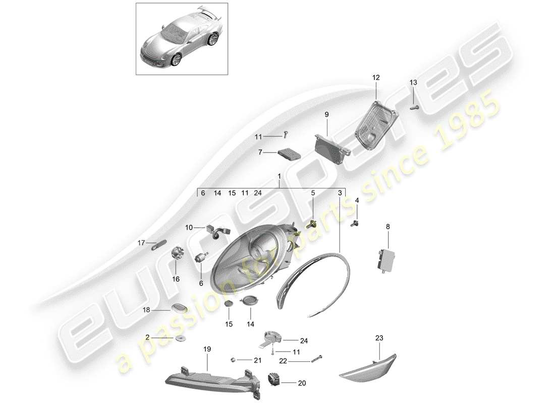 porsche 2016 (991-1 r/gt3/rs) diagramma delle parti del faro