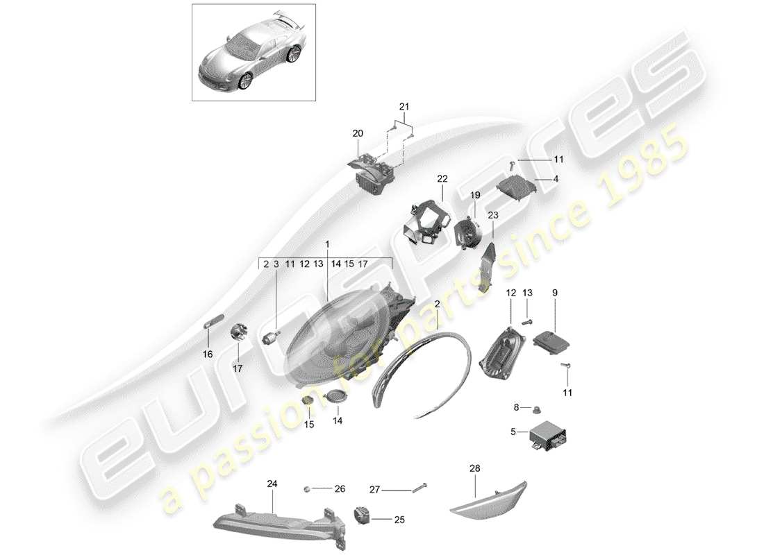 porsche 2016 (991-1 r/gt3/rs) diagramma delle parti del faro