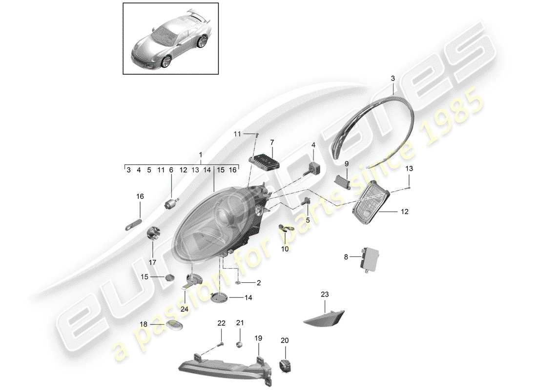 porsche 2016 (991-1 r/gt3/rs) diagramma delle parti del faro