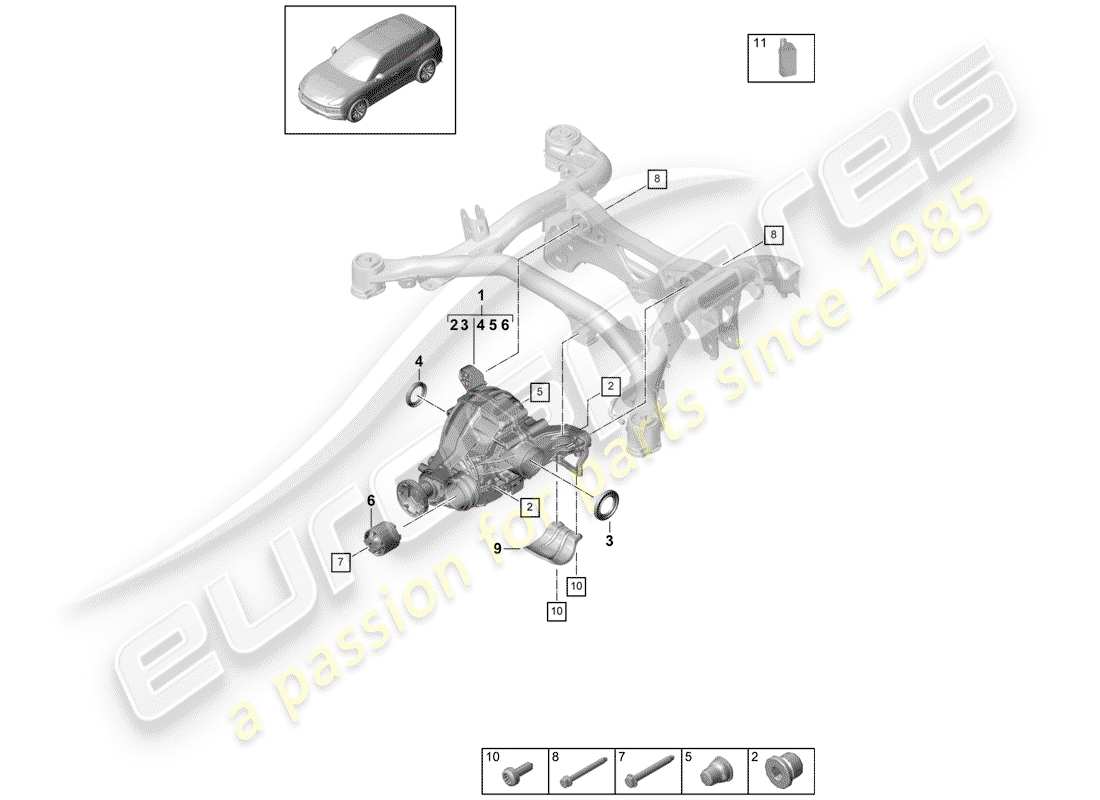 porsche 2019 (cayenne e3 9ya/9yb) differenziale dell'asse posteriore diagramma delle parti