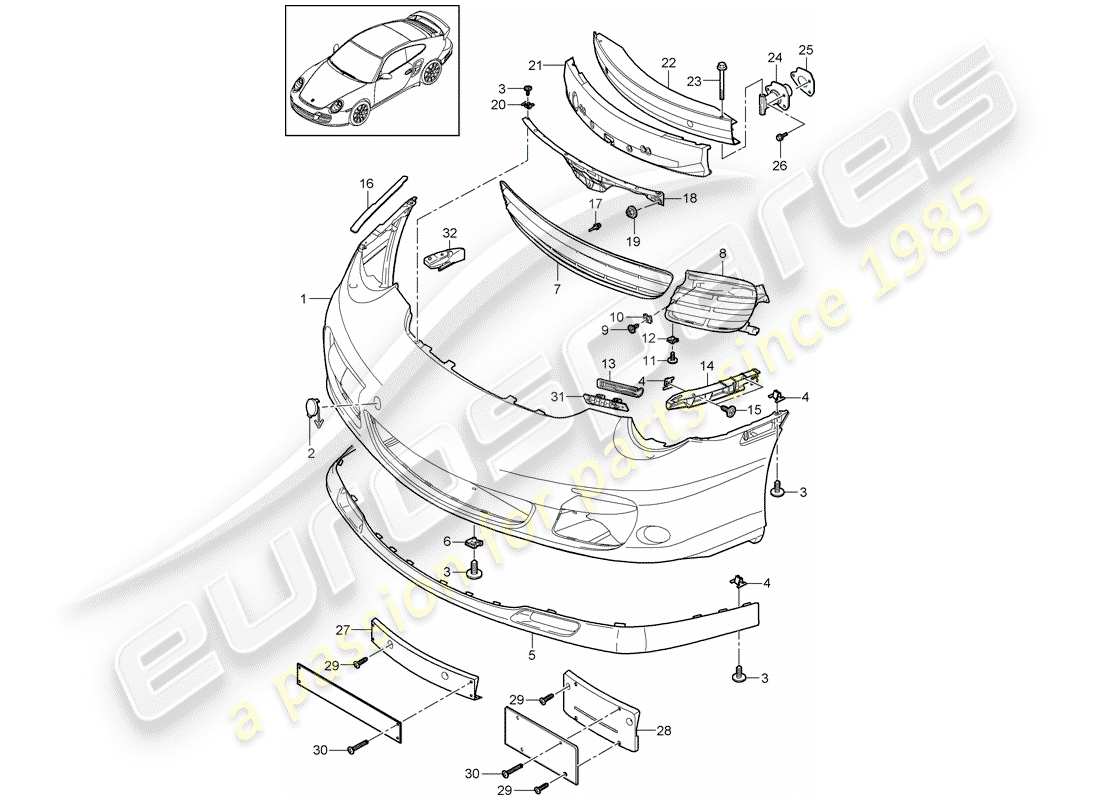porsche 2013 (997-2 turbo / gt2 rs) diagramma delle parti del paraurti