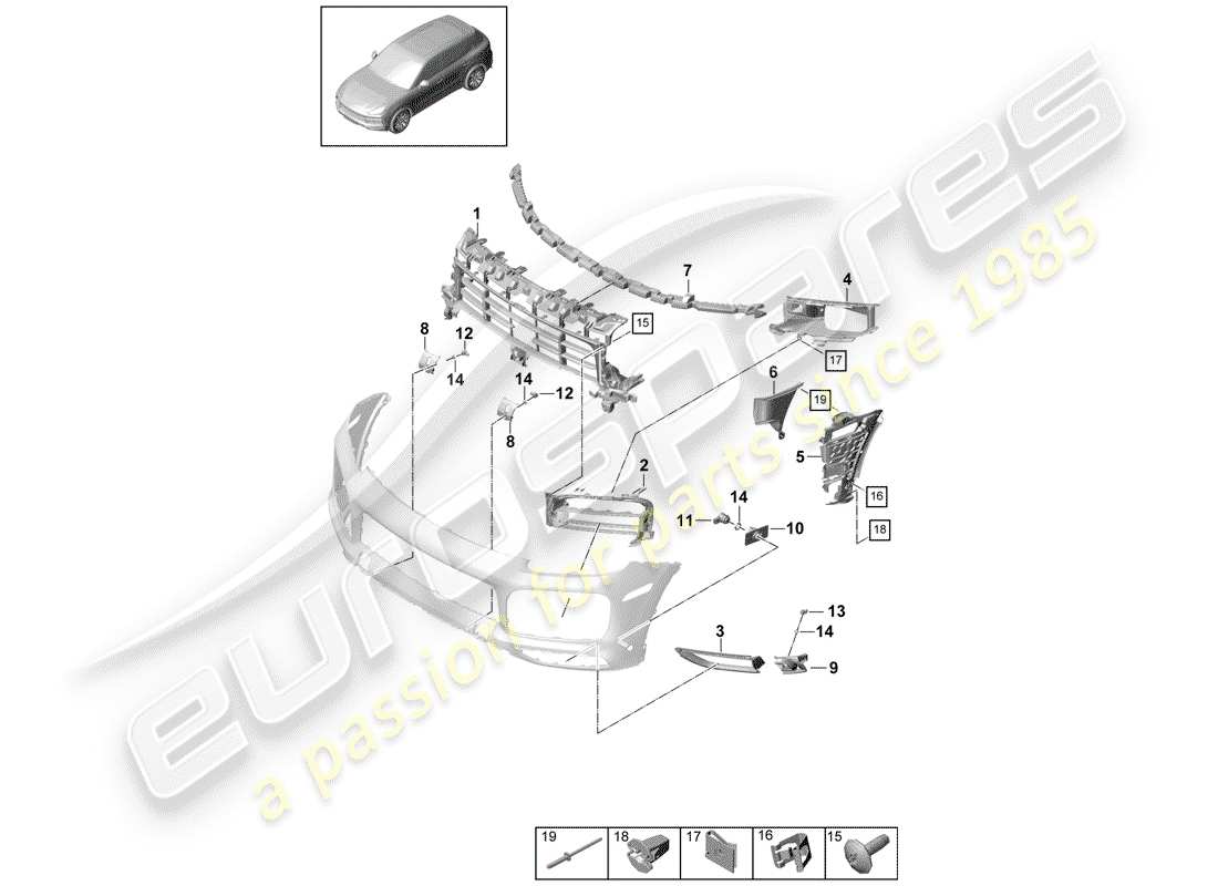 porsche 2020 (cayenne e3 9ya/9yb) diagramma delle parti del paraurti