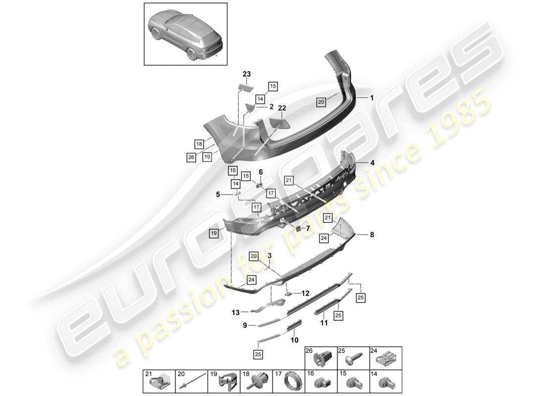 porsche 2020 (cayenne e3 9ya/9yb) diagramma delle parti del paraurti