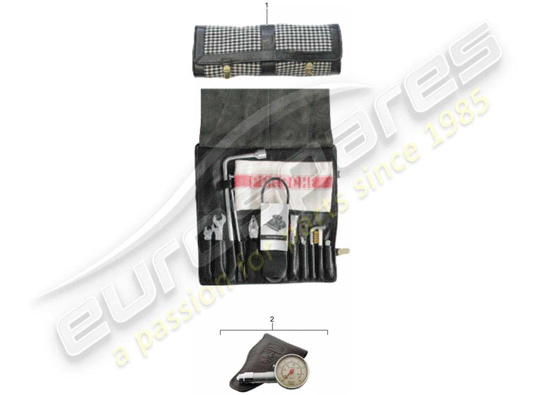 porsche 1973 (911) attrezzo - cric - scatola con lampadine - kit di pronto soccorso schema delle parti