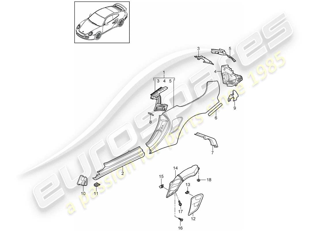 porsche 2013 (997-2 turbo / gt2 rs) pannello laterale schema delle parti