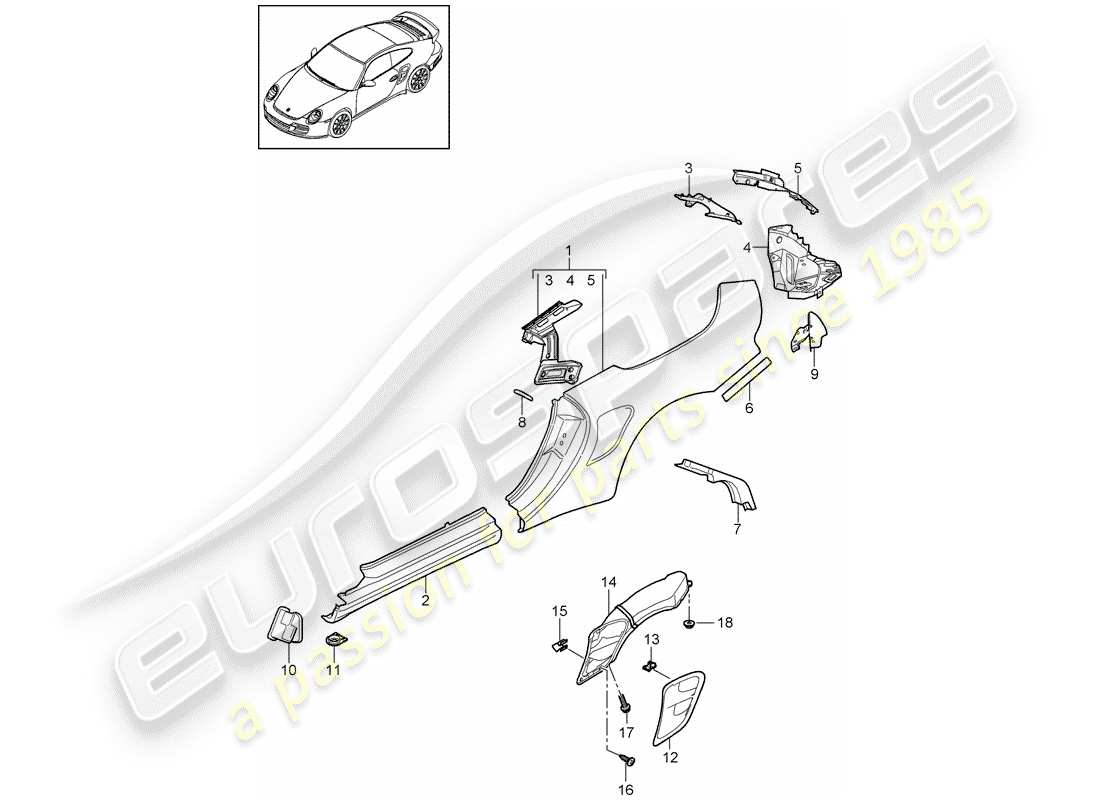 porsche 911 t/gt2rs (2013) pannello laterale diagramma delle parti