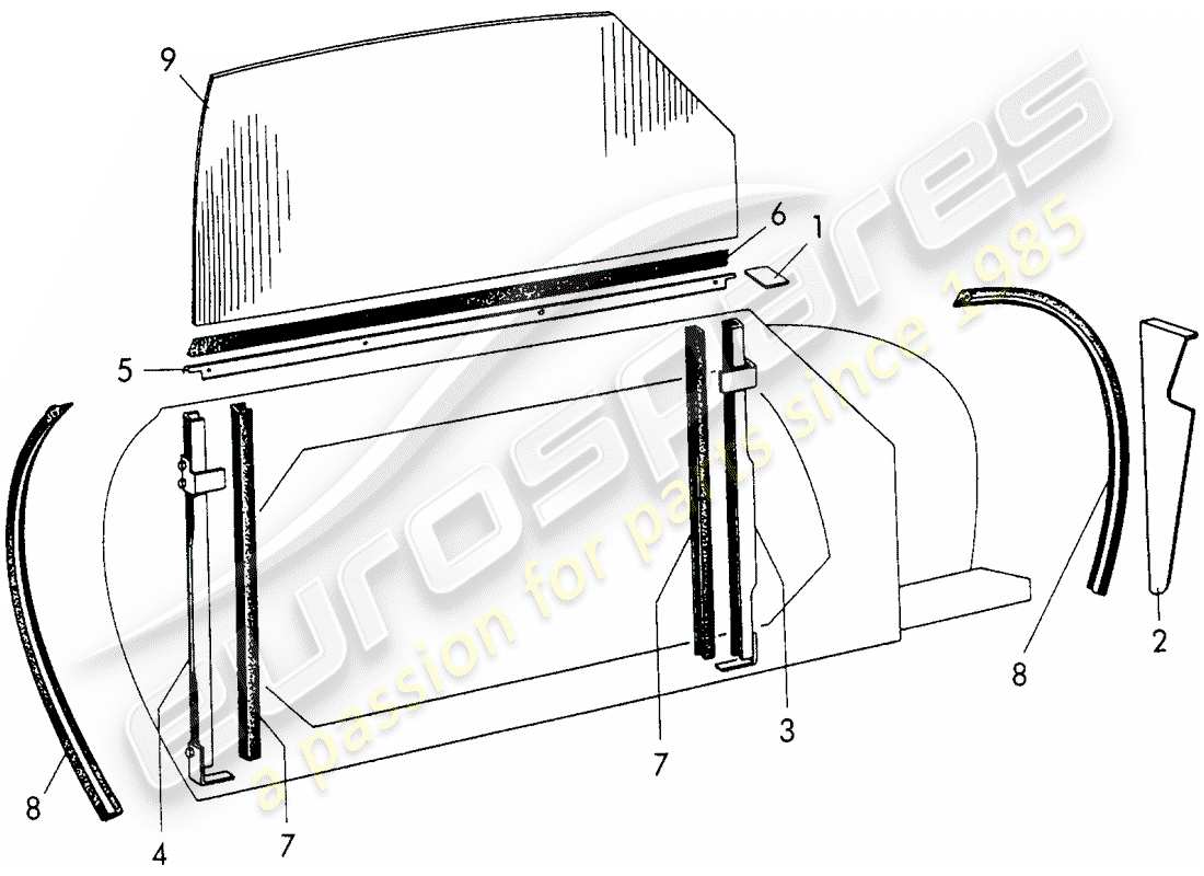 porsche 1954 (356/356a) finestra della porta diagramma delle parti