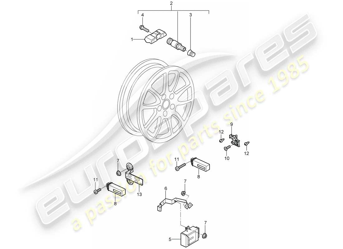 porsche 2008 (997-1 gt3) schema delle parti del sistema di controllo della pressione dei pneumatici