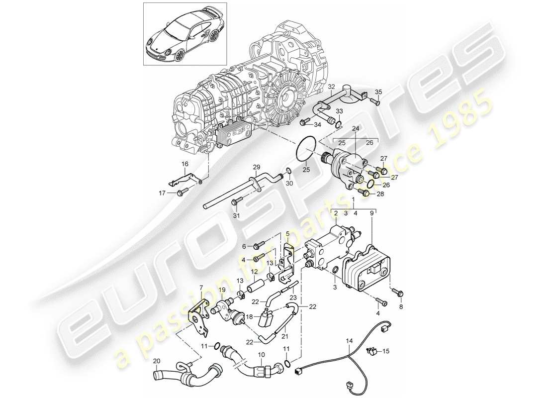 porsche 2011 (997-2 turbo / gt2 rs) radiatore olio ingranaggi schema delle parti