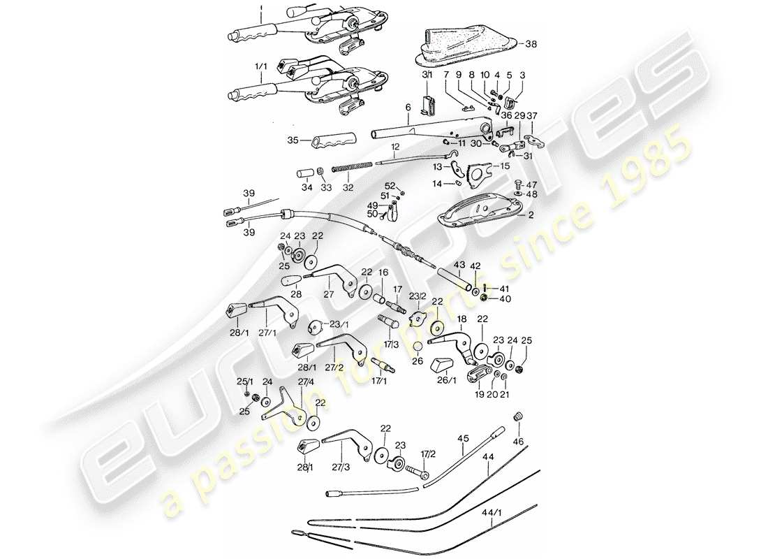 porsche 1976 (911) leva di comando - freno a mano - acceleratore manuale diagramma delle parti