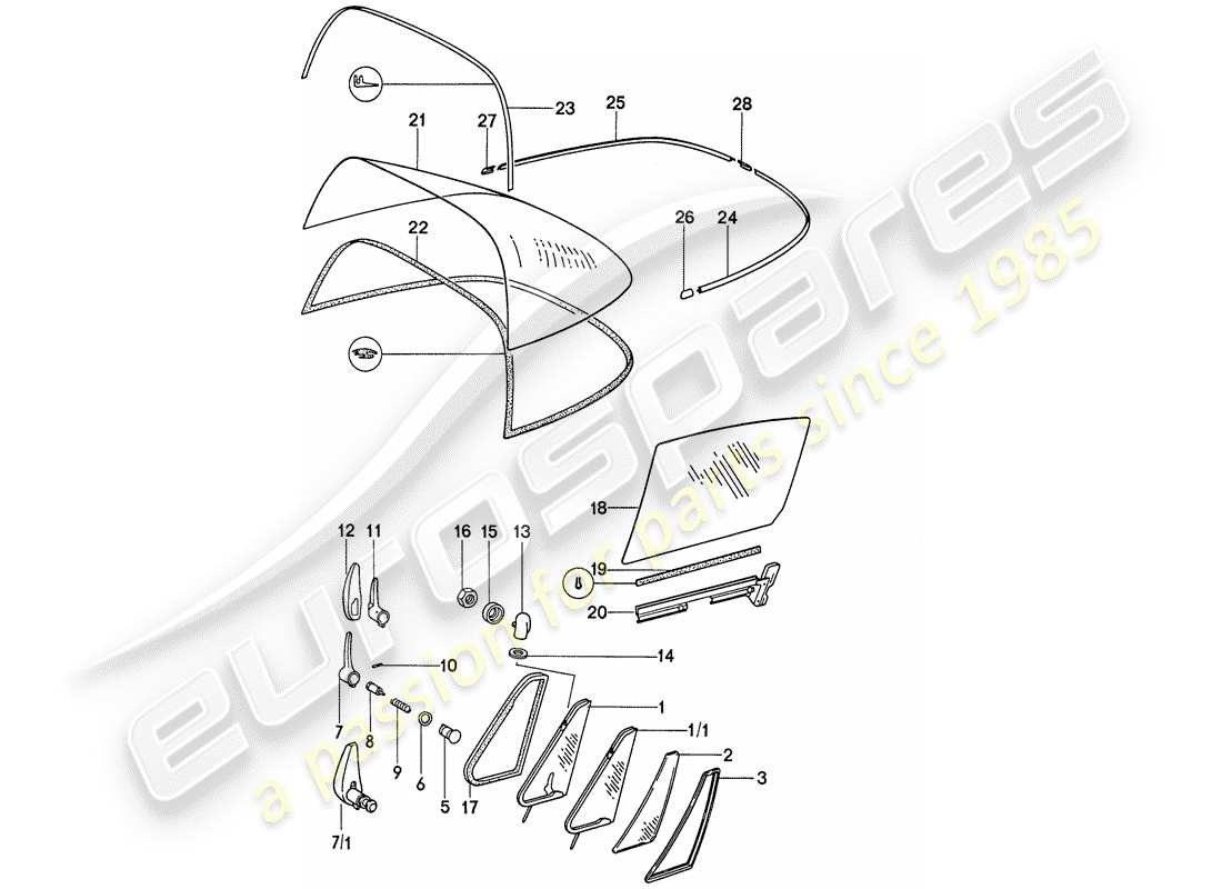 porsche 1975 (911) vetri della finestra diagramma delle parti