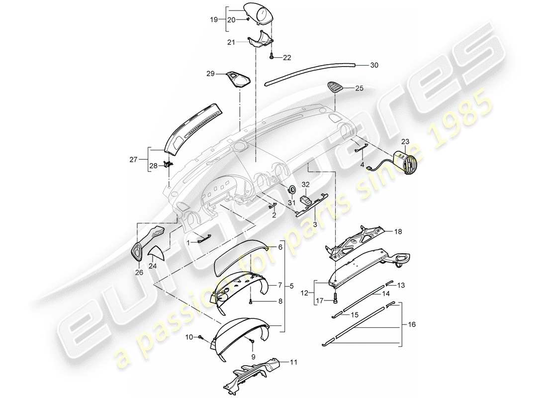 porsche 2007 (987 boxster) rivestimento del pannello del cruscotto diagramma delle parti