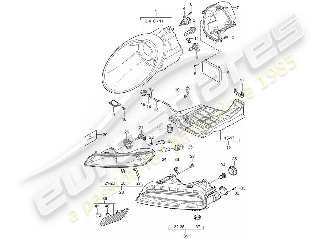 porsche 2007 (997-1 gt3) diagramma delle parti del faro