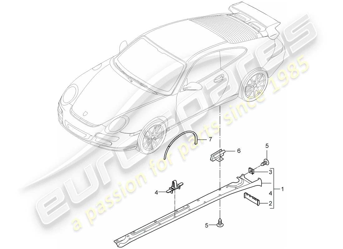 porsche 2008 (997-1 gt3) rivestimento lato lato diagramma delle parti