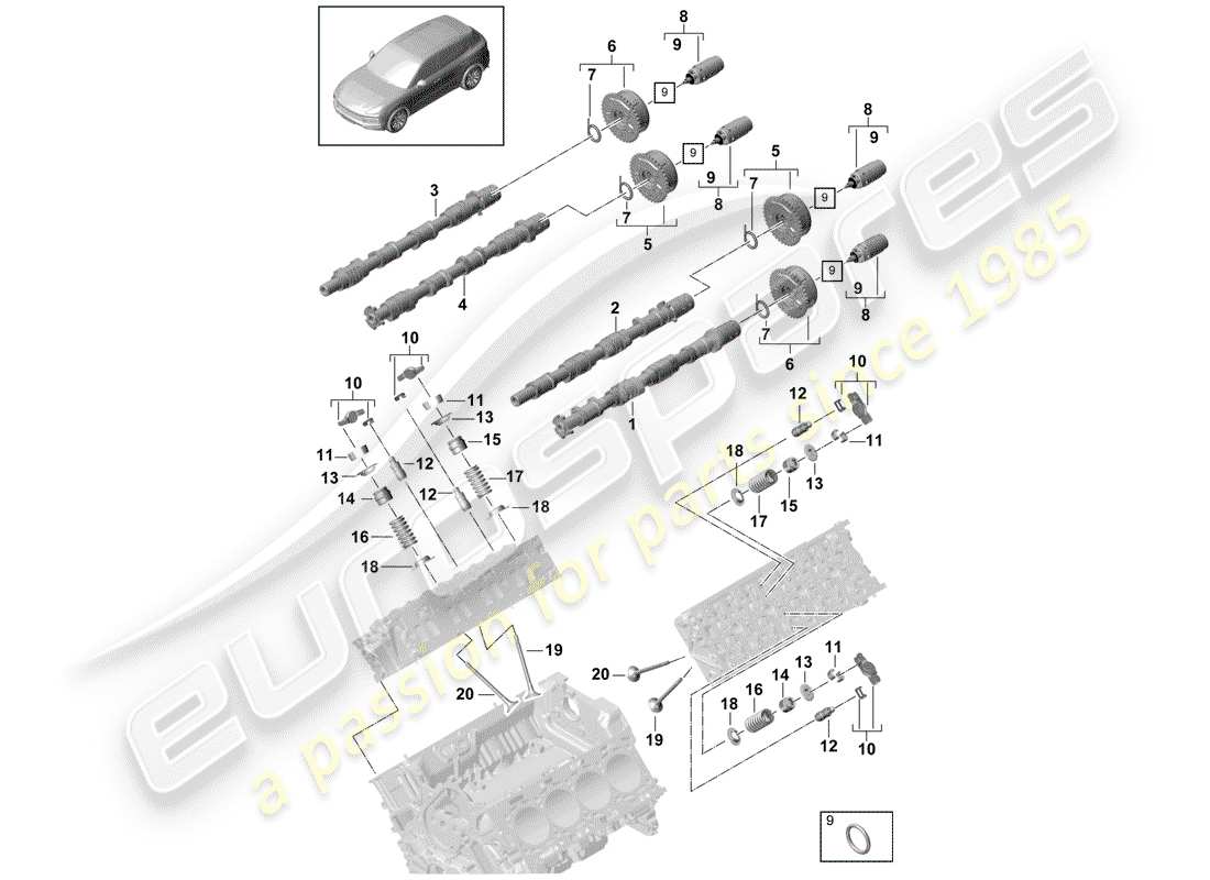 porsche 2019 (cayenne e3 9ya/9yb) schema delle parti albero a camme, valvole
