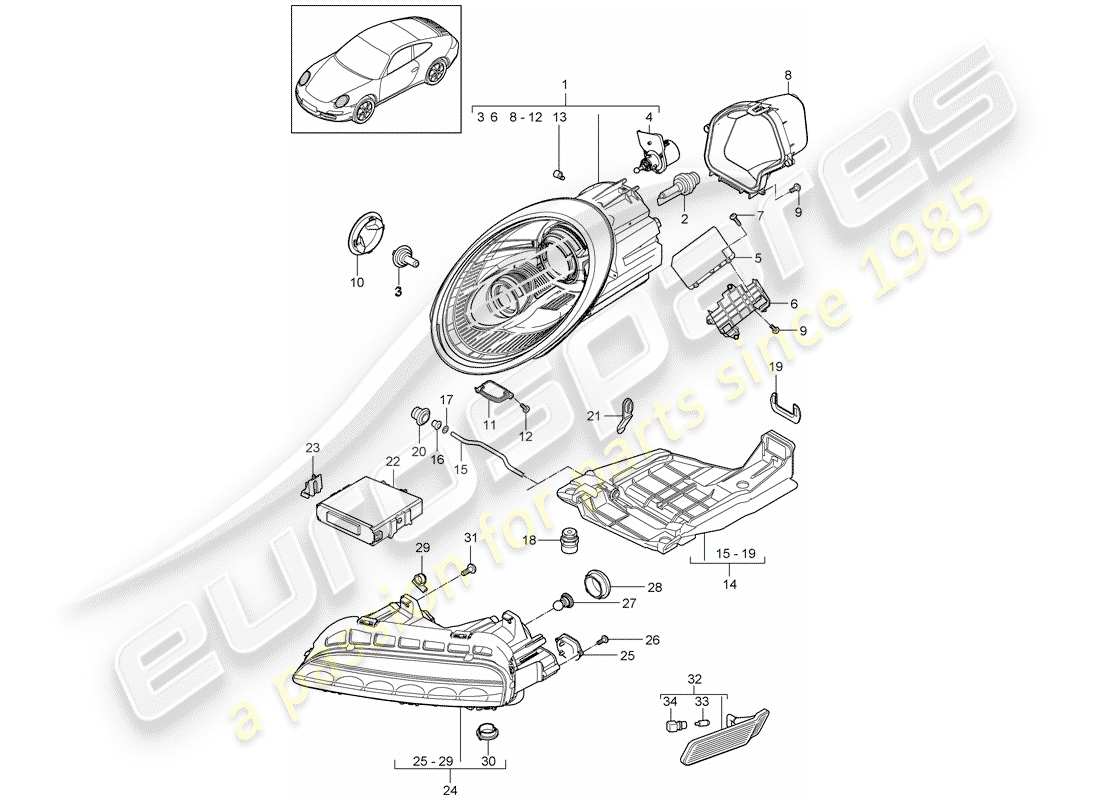 porsche 2012 (997-2) diagramma delle parti del faro