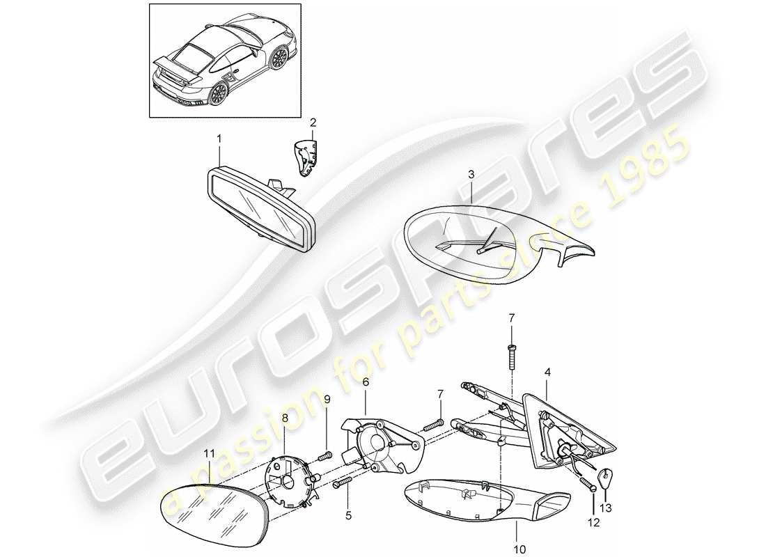 porsche 2008 (997-1 gt3) specchietto retrovisore interno diagramma delle parti