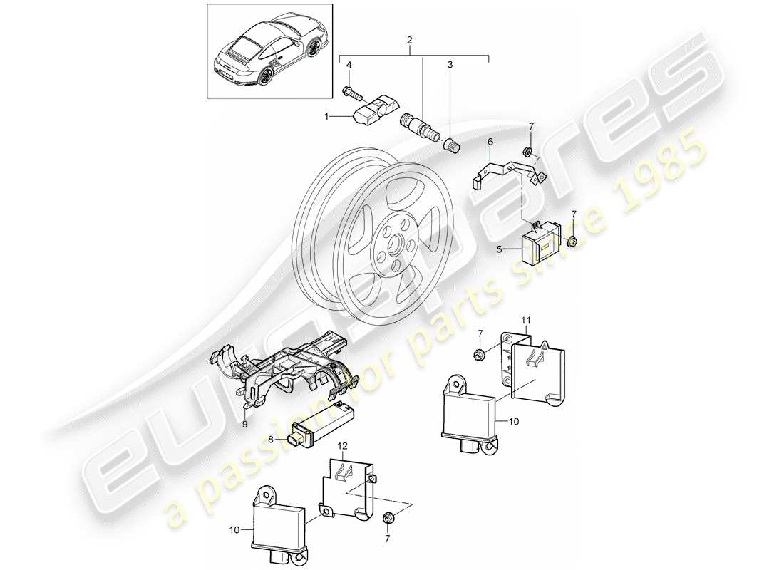 porsche 2013 (997-2 turbo / gt2 rs) schema delle parti del sistema di controllo della pressione dei pneumatici