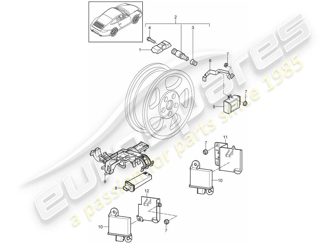 porsche 2012 (997-2) schema delle parti del sistema di controllo della pressione dei pneumatici