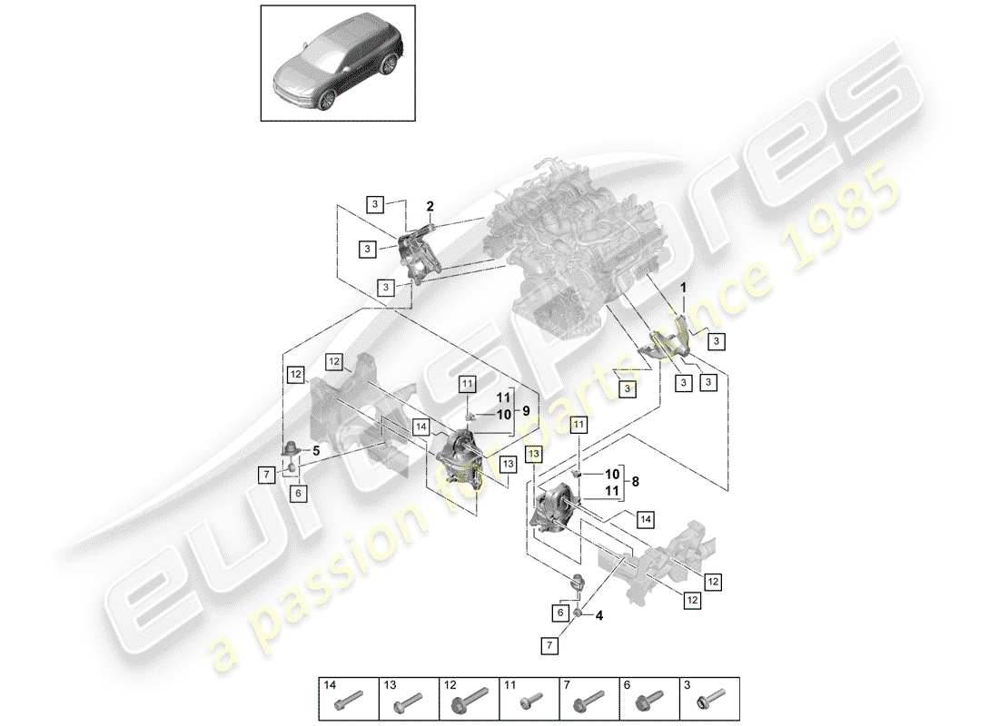 porsche 2019 (cayenne e3 9ya/9yb) paranco di sollevamento del motore diagramma delle parti