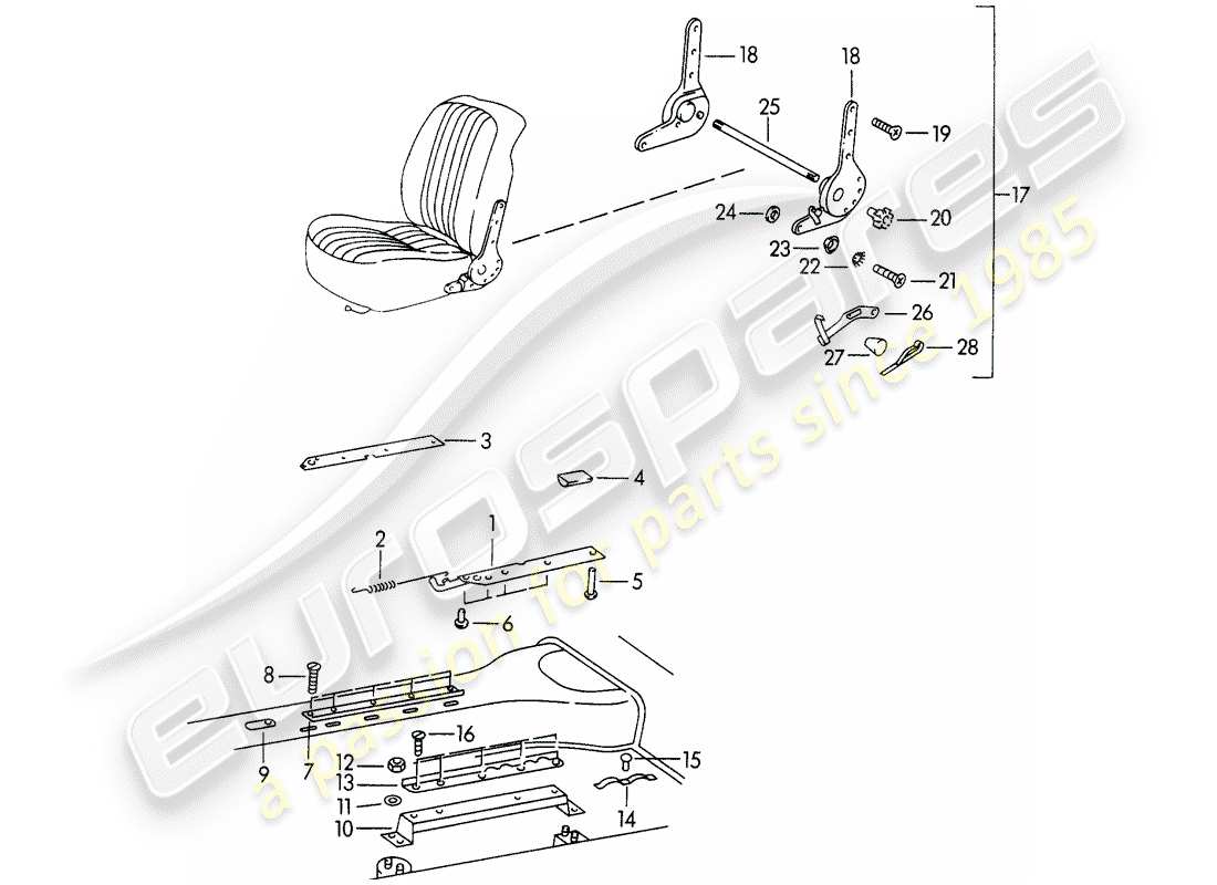 porsche 356b/356c (1965) guida del sedile - supporto guida del sedile - e - meccanismo del sedile reclinabile diagramma delle parti