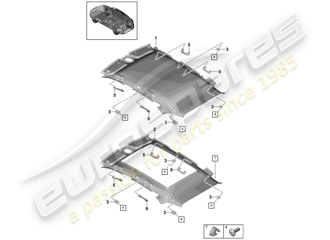 porsche 2020 (cayenne e3 9ya/9yb) pannello di rivestimento del tetto schema delle parti