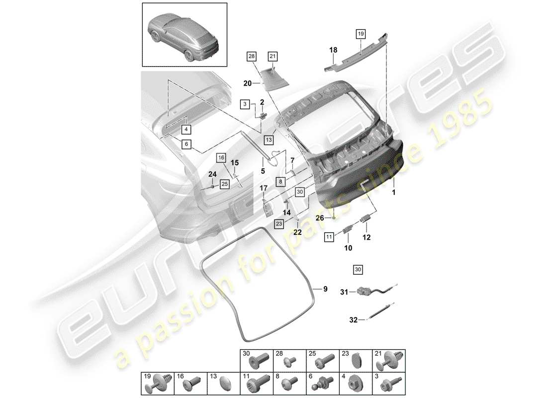porsche 2020 (cayenne e3 9ya/9yb) schema delle parti del coperchio del baule posteriore