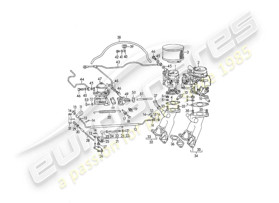 porsche 1950 (356/356a) carburatore - solex 32pbj - solex 40pjcb - e - linea di alimentazione carburante schema delle parti