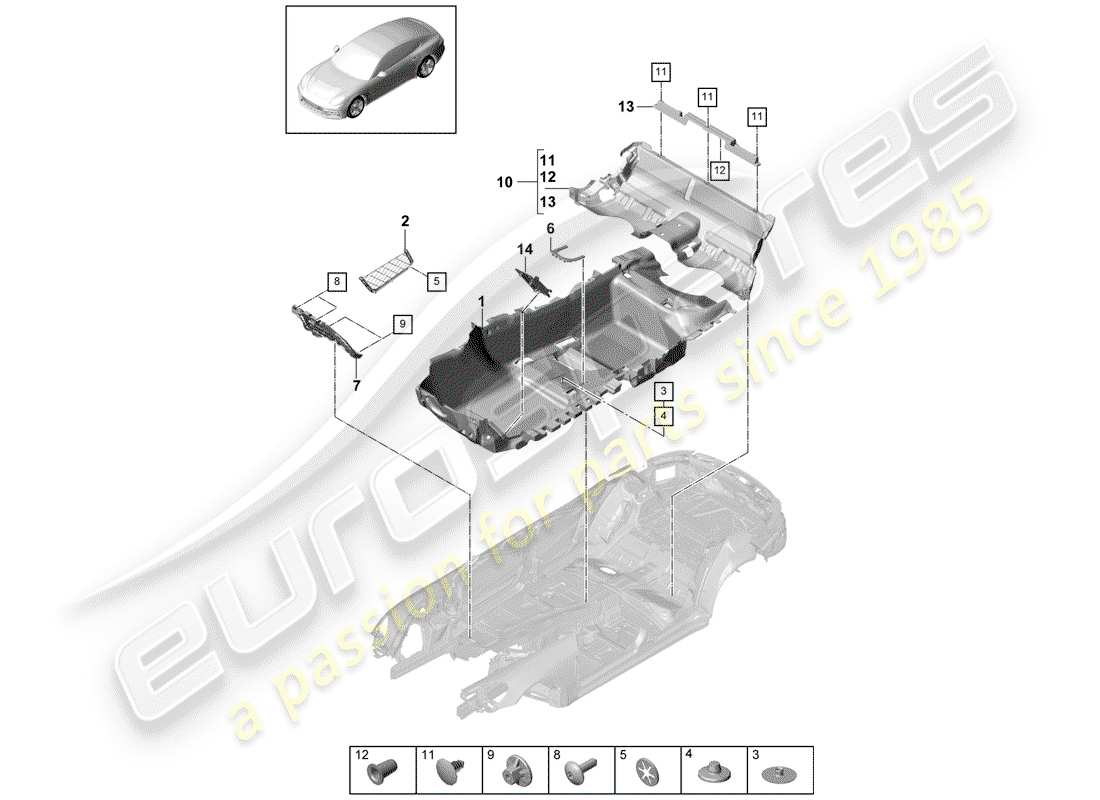 porsche 2017 (panamera 971-1) schema delle parti della copertura del pavimento
