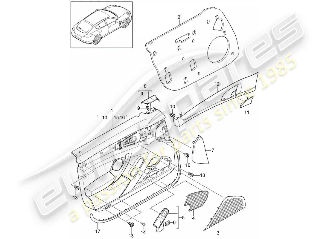 porsche 2011 (panamera 970) schema delle parti del pannello della porta