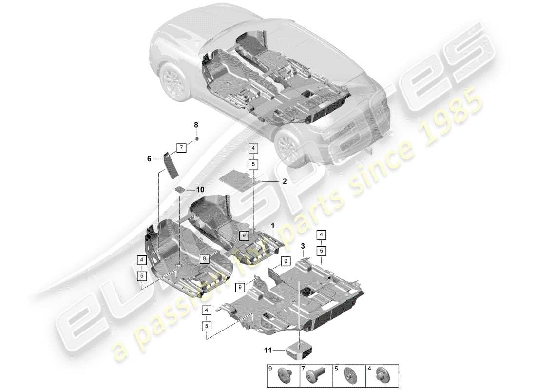 porsche 2020 (cayenne e3 9ya/9yb) schema delle parti della copertura del pavimento
