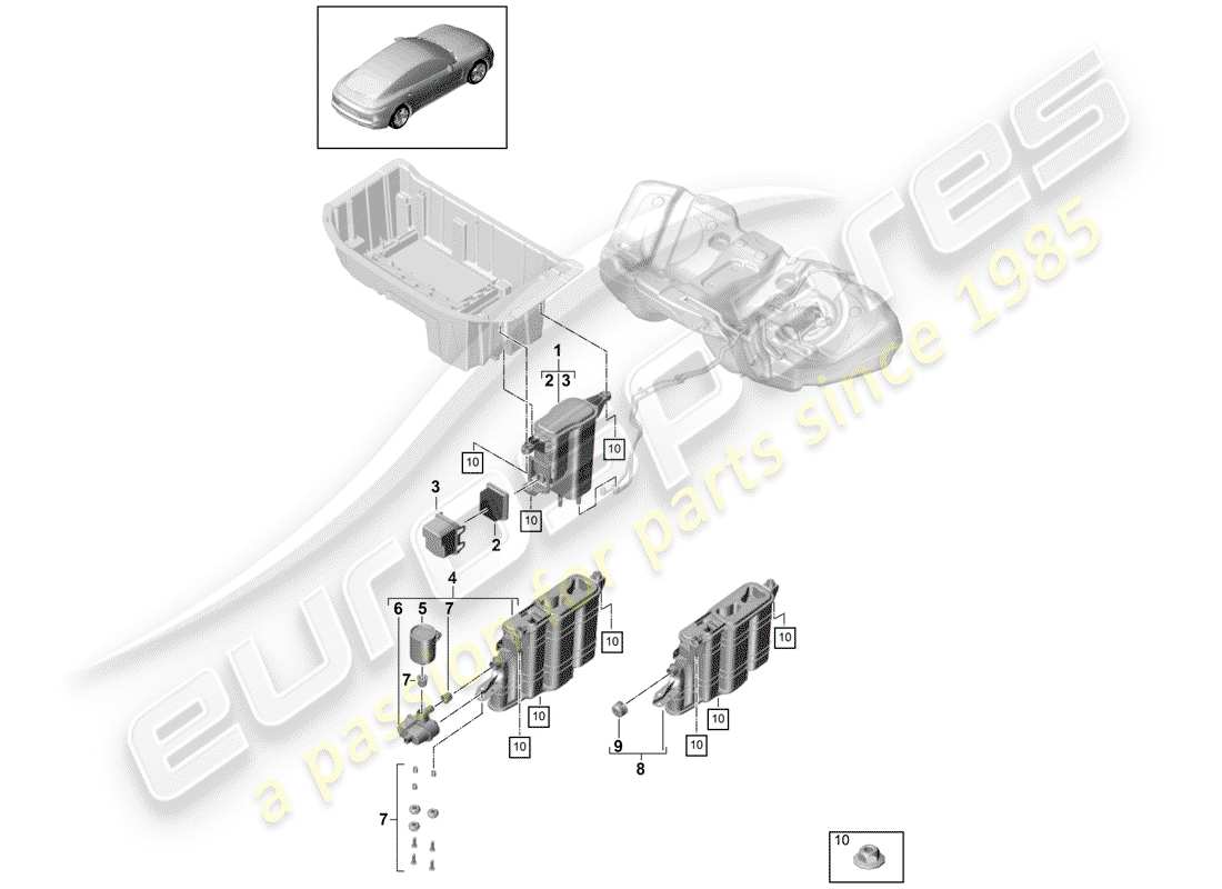porsche panamera 971 (2019) schema delle parti del contenitore per emissioni evaporative