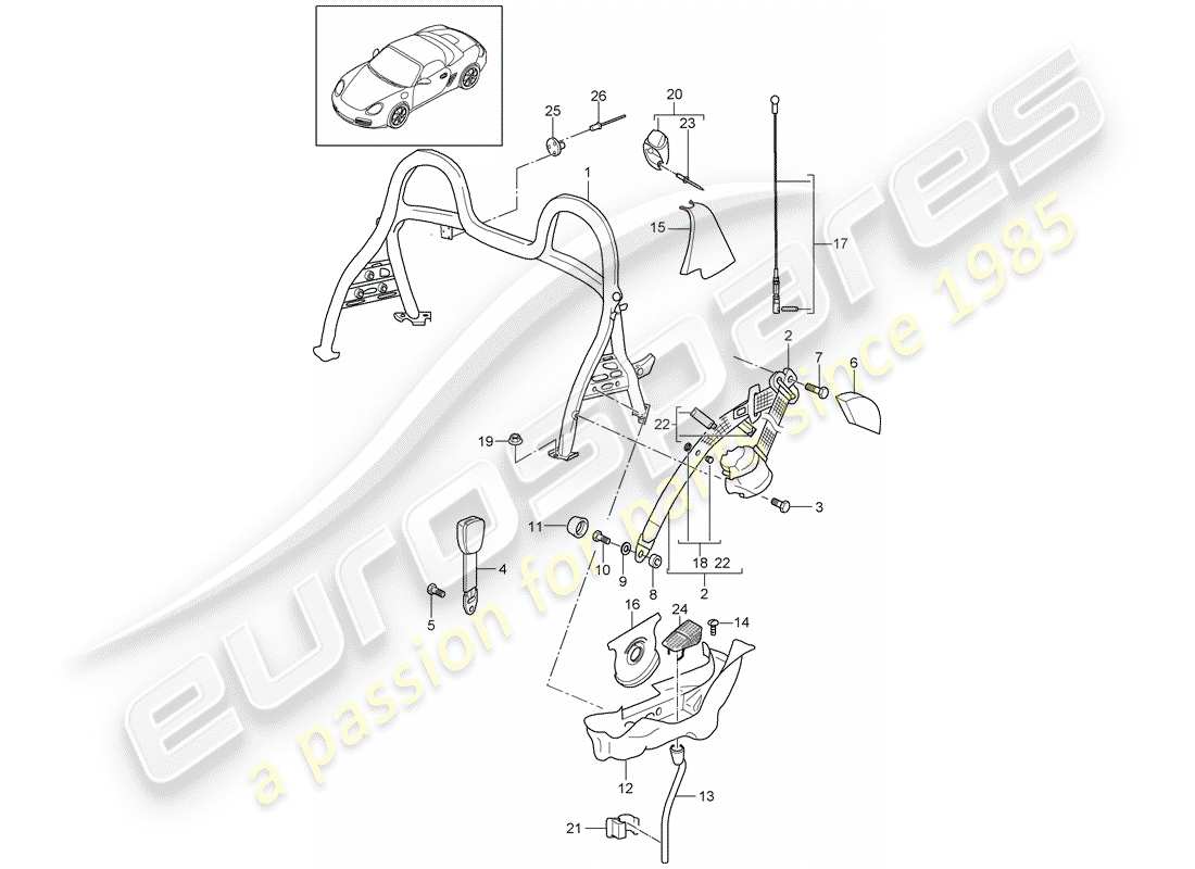 porsche 2009 (987 boxster) diagramma delle parti del roll bar