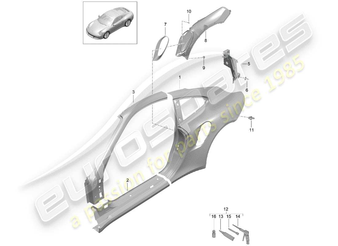 porsche 991 turbo (2020) pannello laterale schema delle parti