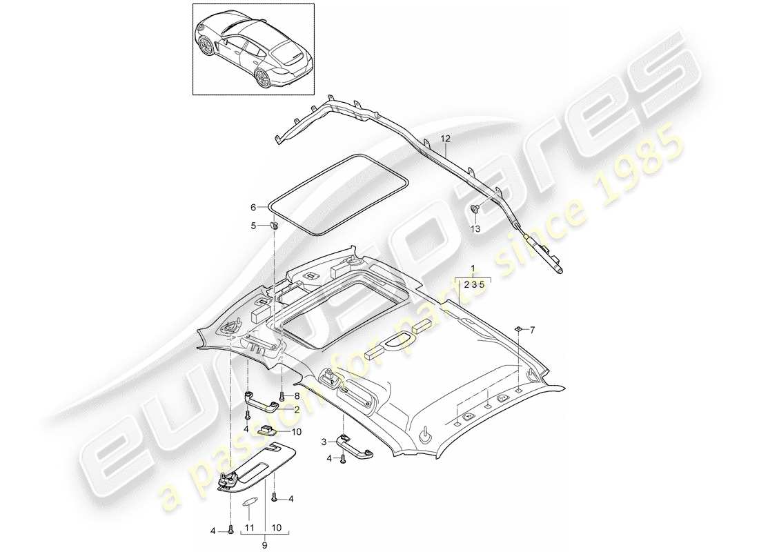 porsche 2013 (panamera 970) pannello di rivestimento del tetto schema delle parti