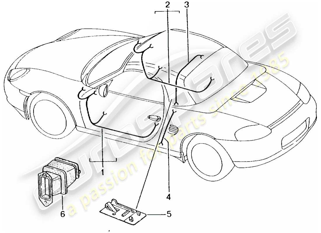 porsche 1999 (986 boxster) cablaggi - portiera del conducente - portiera del passeggero - tetto rigido schema delle parti