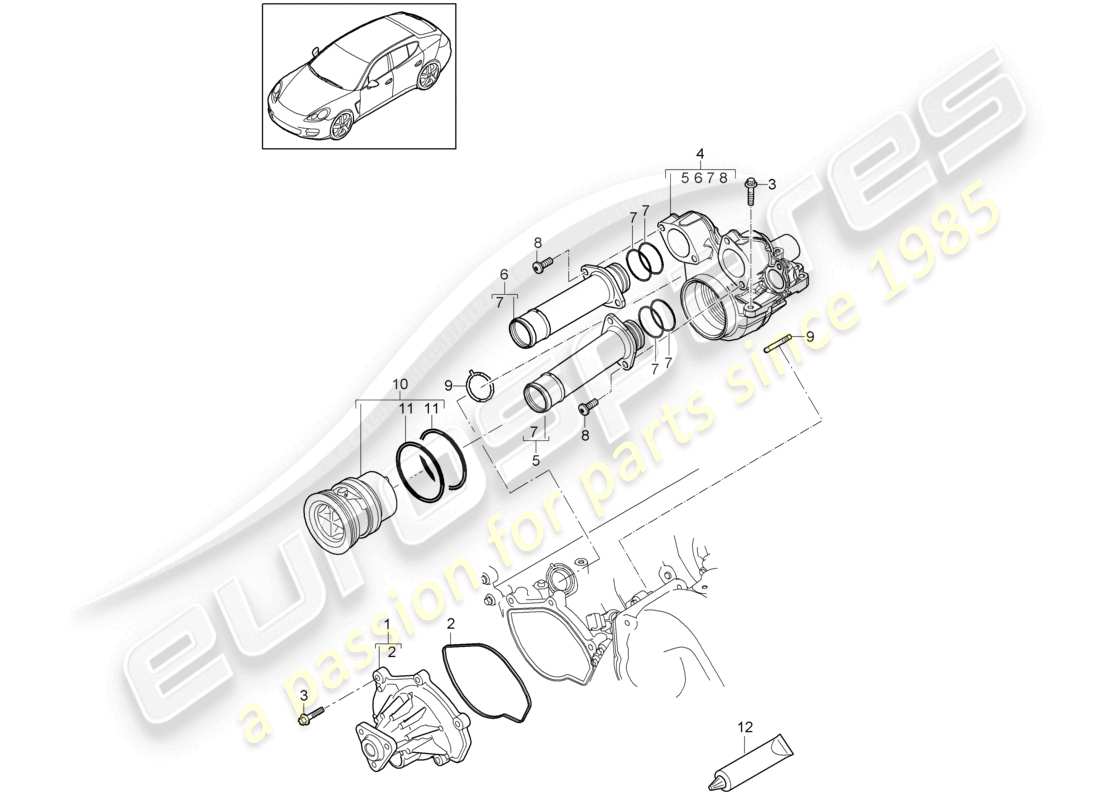 porsche 2010 (cayenne e1 9pa) alloggiamento del termostato della pompa del liquido di raffreddamento diagramma delle parti