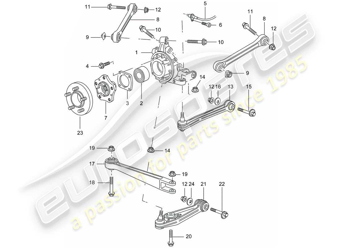 porsche 2003 (996 turbo / gt2) asse posteriore - portaruota - biella superiore - mozzo ruota schema parte
