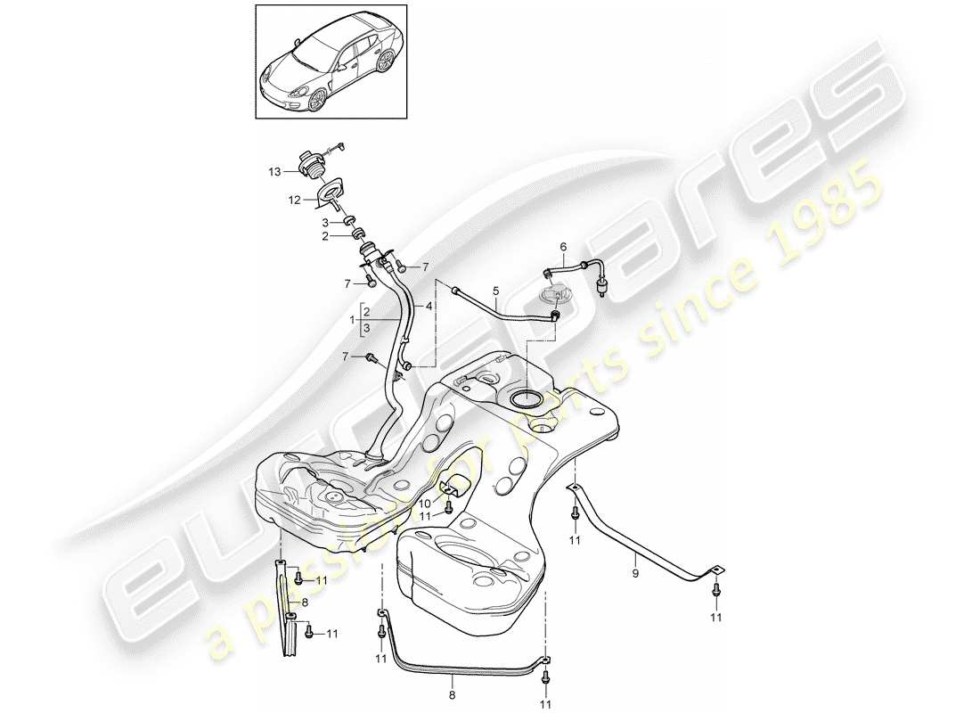 porsche 2011 (panamera 970) serbatoio carburante con schema delle parti