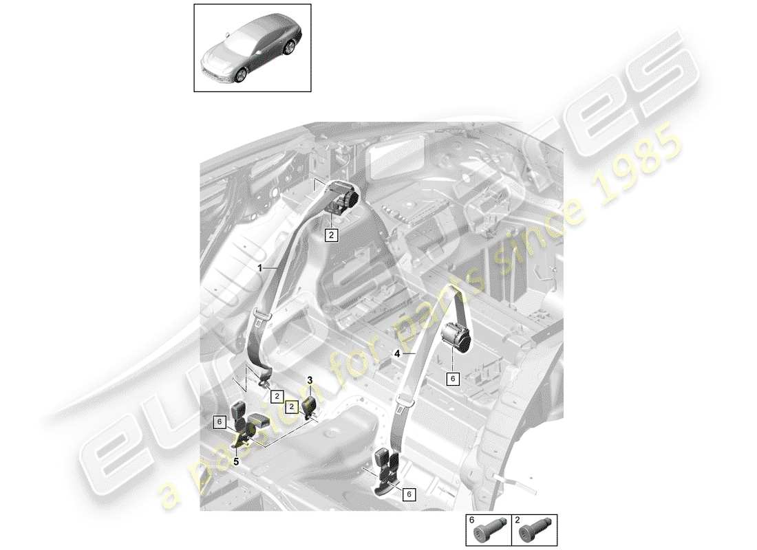 porsche 2020 (panamera 971-1) cintura di sicurezza con diagramma delle parti