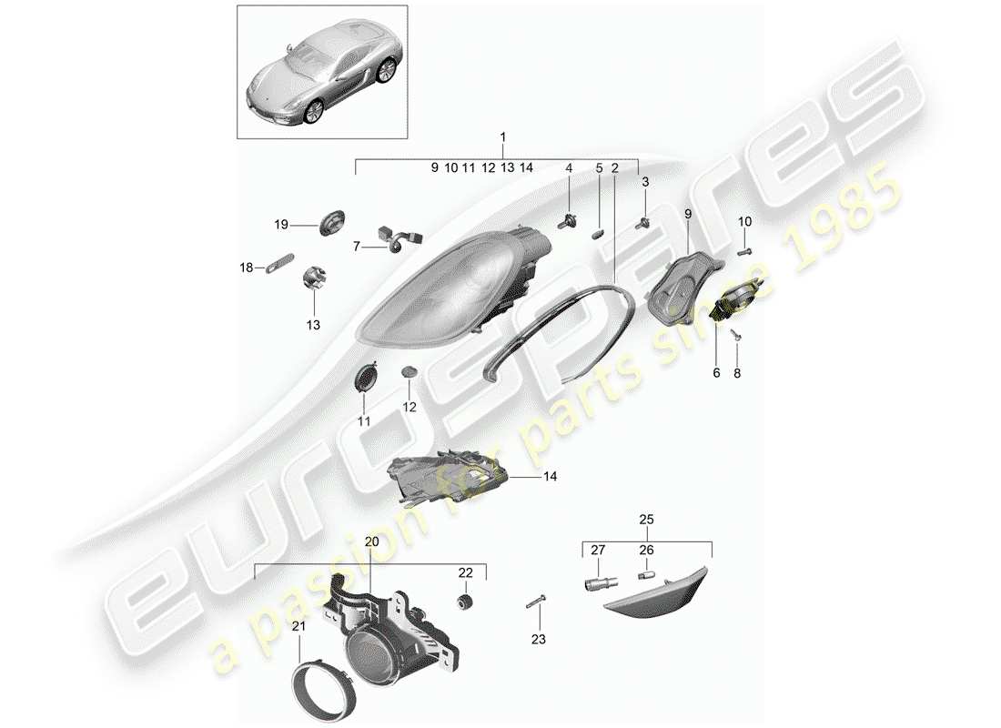 porsche 2015 (981 cayman) diagramma delle parti del faro