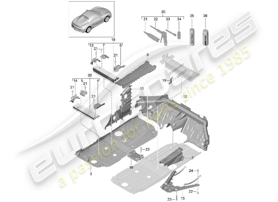 porsche 2016 (981 boxster spyder) diagramma delle parti del pavimento