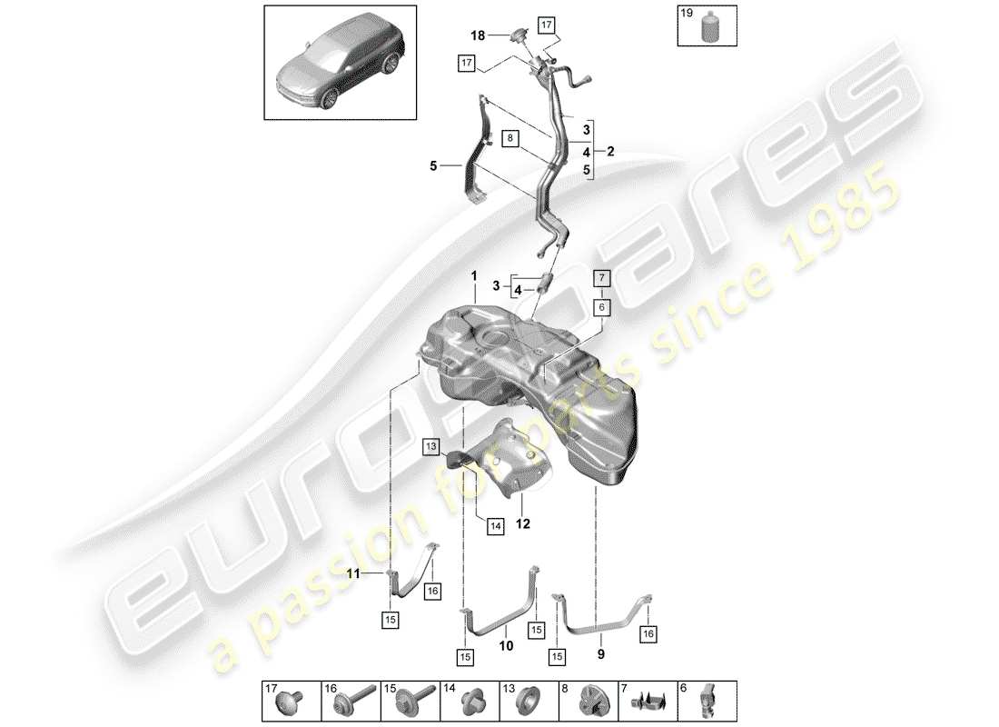 porsche 2019 (cayenne e3 9ya/9yb) serbatoio del carburante con diagramma delle parti