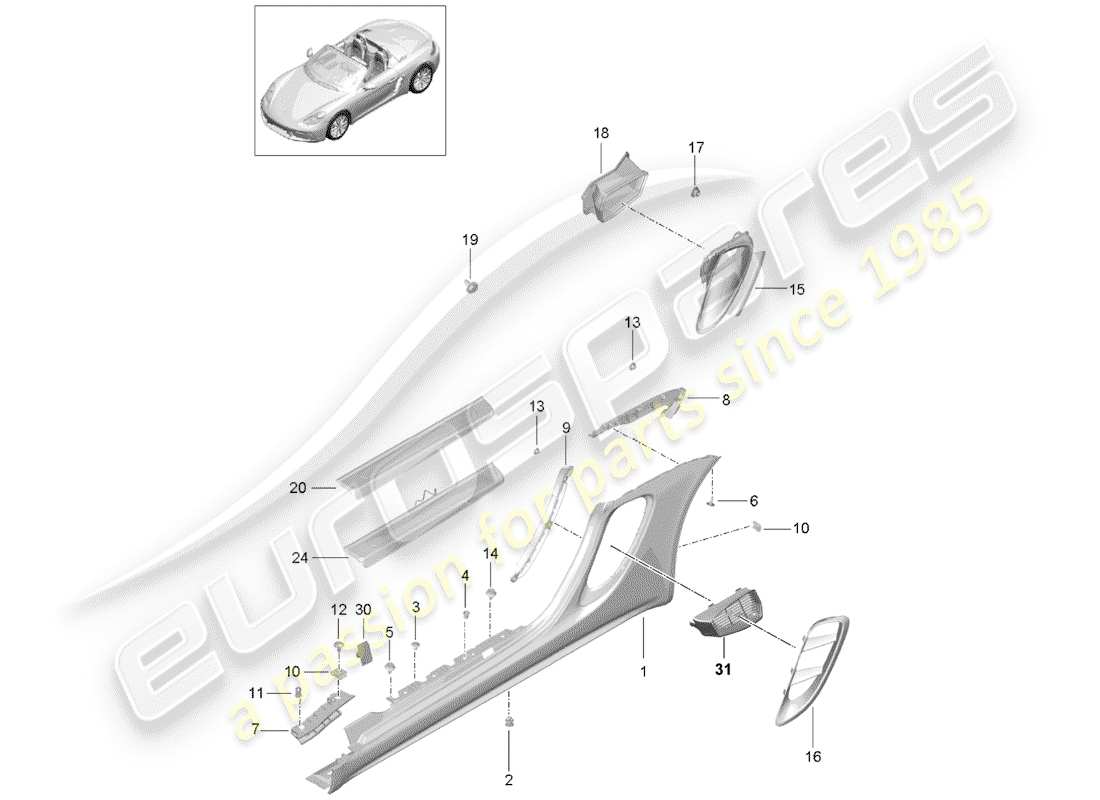 porsche 2017 (718 boxster) rivestimento lato lato diagramma delle parti
