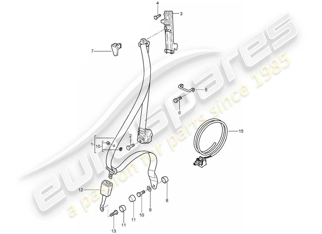 porsche 996 t/gt2 (2001) diagramma delle parti della cintura di sicurezza